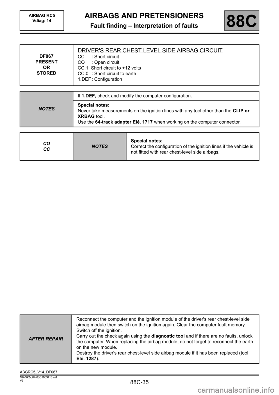 RENAULT SCENIC 2011 J95 / 3.G Air Bag RC5 - Seat Belt Pretensioners Workshop Manual 88C-35
MR-372-J84-88C100$413.mif
V5
AIRBAGS AND PRETENSIONERS
Fault finding – Interpretation of faults
AIRBAG RC5
Vdiag: 14
88C
DF067
PRESENT
OR
STORED
DRIVERS REAR CHEST LEVEL SIDE AIRBAG CIRCUIT RENAULT SCENIC 2011 J95 / 3.G Air Bag RC5 - Seat Belt Pretensioners Workshop Manual 88C-35
MR-372-J84-88C100$413.mif
V5
AIRBAGS AND PRETENSIONERS
Fault finding – Interpretation of faults
AIRBAG RC5
Vdiag: 14
88C
DF067
PRESENT
OR
STORED
DRIVERS REAR CHEST LEVEL SIDE AIRBAG CIRCUIT
