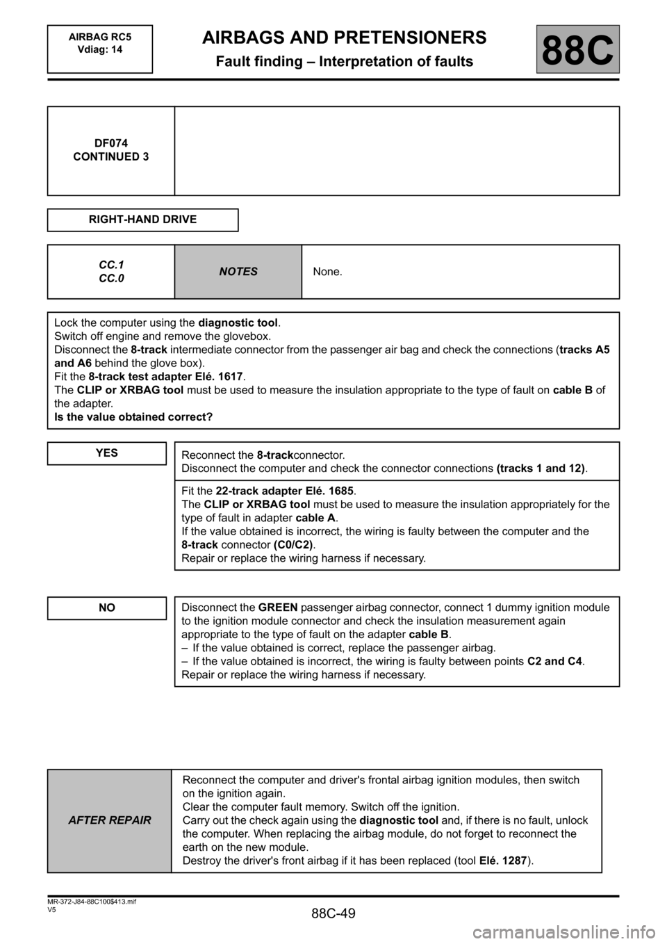 RENAULT SCENIC 2011 J95 / 3.G Air Bag RC5 - Seat Belt Pretensioners Workshop Manual 88C-49
MR-372-J84-88C100$413.mif
V5
AIRBAG RC5
Vdiag: 14AIRBAGS AND PRETENSIONERS
Fault finding – Interpretation of faults88C
DF074
CONTINUED 3
RIGHT-HAND DRIVE
CC.1
CC.0
NOTESNone.
Lock the comput RENAULT SCENIC 2011 J95 / 3.G Air Bag RC5 - Seat Belt Pretensioners Workshop Manual 88C-49
MR-372-J84-88C100$413.mif
V5
AIRBAG RC5
Vdiag: 14AIRBAGS AND PRETENSIONERS
Fault finding – Interpretation of faults88C
DF074
CONTINUED 3
RIGHT-HAND DRIVE
CC.1
CC.0
NOTESNone.
Lock the comput