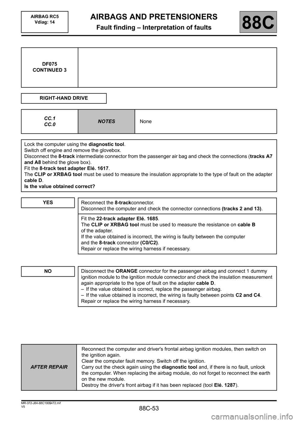 RENAULT SCENIC 2011 J95 / 3.G Air Bag RC5 - Seat Belt Pretensioners Workshop Manual 88C-53
MR-372-J84-88C100$472.mif
V5
AIRBAG RC5
Vdiag: 14AIRBAGS AND PRETENSIONERS
Fault finding – Interpretation of faults88C
DF075
CONTINUED 3
RIGHT-HAND DRIVE
CC.1
CC.0
NOTESNone
Lock the compute RENAULT SCENIC 2011 J95 / 3.G Air Bag RC5 - Seat Belt Pretensioners Workshop Manual 88C-53
MR-372-J84-88C100$472.mif
V5
AIRBAG RC5
Vdiag: 14AIRBAGS AND PRETENSIONERS
Fault finding – Interpretation of faults88C
DF075
CONTINUED 3
RIGHT-HAND DRIVE
CC.1
CC.0
NOTESNone
Lock the compute