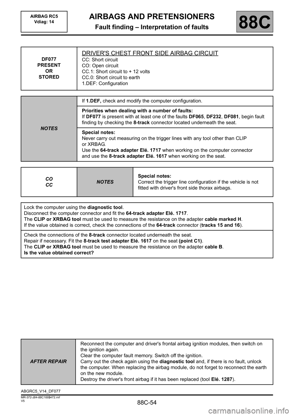 RENAULT SCENIC 2011 J95 / 3.G Air Bag RC5 - Seat Belt Pretensioners Workshop Manual 88C-54
MR-372-J84-88C100$472.mif
V5
AIRBAGS AND PRETENSIONERS
Fault finding – Interpretation of faults
AIRBAG RC5
Vdiag: 14
88C
DF077
PRESENT
OR
STORED
DRIVERS CHEST FRONT SIDE AIRBAG CIRCUIT
CC: RENAULT SCENIC 2011 J95 / 3.G Air Bag RC5 - Seat Belt Pretensioners Workshop Manual 88C-54
MR-372-J84-88C100$472.mif
V5
AIRBAGS AND PRETENSIONERS
Fault finding – Interpretation of faults
AIRBAG RC5
Vdiag: 14
88C
DF077
PRESENT
OR
STORED
DRIVERS CHEST FRONT SIDE AIRBAG CIRCUIT
CC: