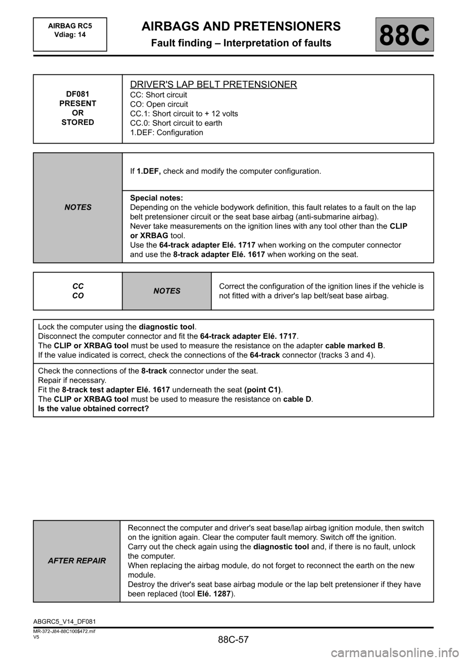 RENAULT SCENIC 2011 J95 / 3.G Air Bag RC5 - Seat Belt Pretensioners Workshop Manual 88C-57
MR-372-J84-88C100$472.mif
V5
AIRBAGS AND PRETENSIONERS
Fault finding – Interpretation of faults
AIRBAG RC5
Vdiag: 14
88C
DF081
PRESENT
OR
STORED
DRIVERS LAP BELT PRETENSIONER
CC: Short circ RENAULT SCENIC 2011 J95 / 3.G Air Bag RC5 - Seat Belt Pretensioners Workshop Manual 88C-57
MR-372-J84-88C100$472.mif
V5
AIRBAGS AND PRETENSIONERS
Fault finding – Interpretation of faults
AIRBAG RC5
Vdiag: 14
88C
DF081
PRESENT
OR
STORED
DRIVERS LAP BELT PRETENSIONER
CC: Short circ