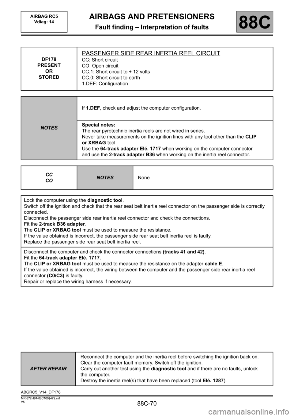 RENAULT SCENIC 2011 J95 / 3.G Air Bag RC5 - Seat Belt Pretensioners Workshop Manual 88C-70
MR-372-J84-88C100$472.mif
V5
AIRBAGS AND PRETENSIONERS
Fault finding – Interpretation of faults
AIRBAG RC5
Vdiag: 14
88C
DF178
PRESENT
OR
STORED
PASSENGER SIDE REAR INERTIA REEL CIRCUIT
CC: RENAULT SCENIC 2011 J95 / 3.G Air Bag RC5 - Seat Belt Pretensioners Workshop Manual 88C-70
MR-372-J84-88C100$472.mif
V5
AIRBAGS AND PRETENSIONERS
Fault finding – Interpretation of faults
AIRBAG RC5
Vdiag: 14
88C
DF178
PRESENT
OR
STORED
PASSENGER SIDE REAR INERTIA REEL CIRCUIT
CC: