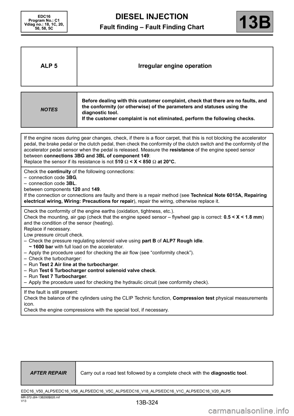RENAULT SCENIC 2011 J95 / 3.G Engine And Peripherals EDC16 Workshop Manual 13B-324
MR-372-J84-13B200$828.mif
V13
DIESEL INJECTION
Fault finding – Fault Finding Chart
EDC16  
Program No.: C1 
Vdiag no.: 18, 1C, 20,  
50, 58, 5C
13B
ALP 5 Irregular engine operation
NOTESBefo