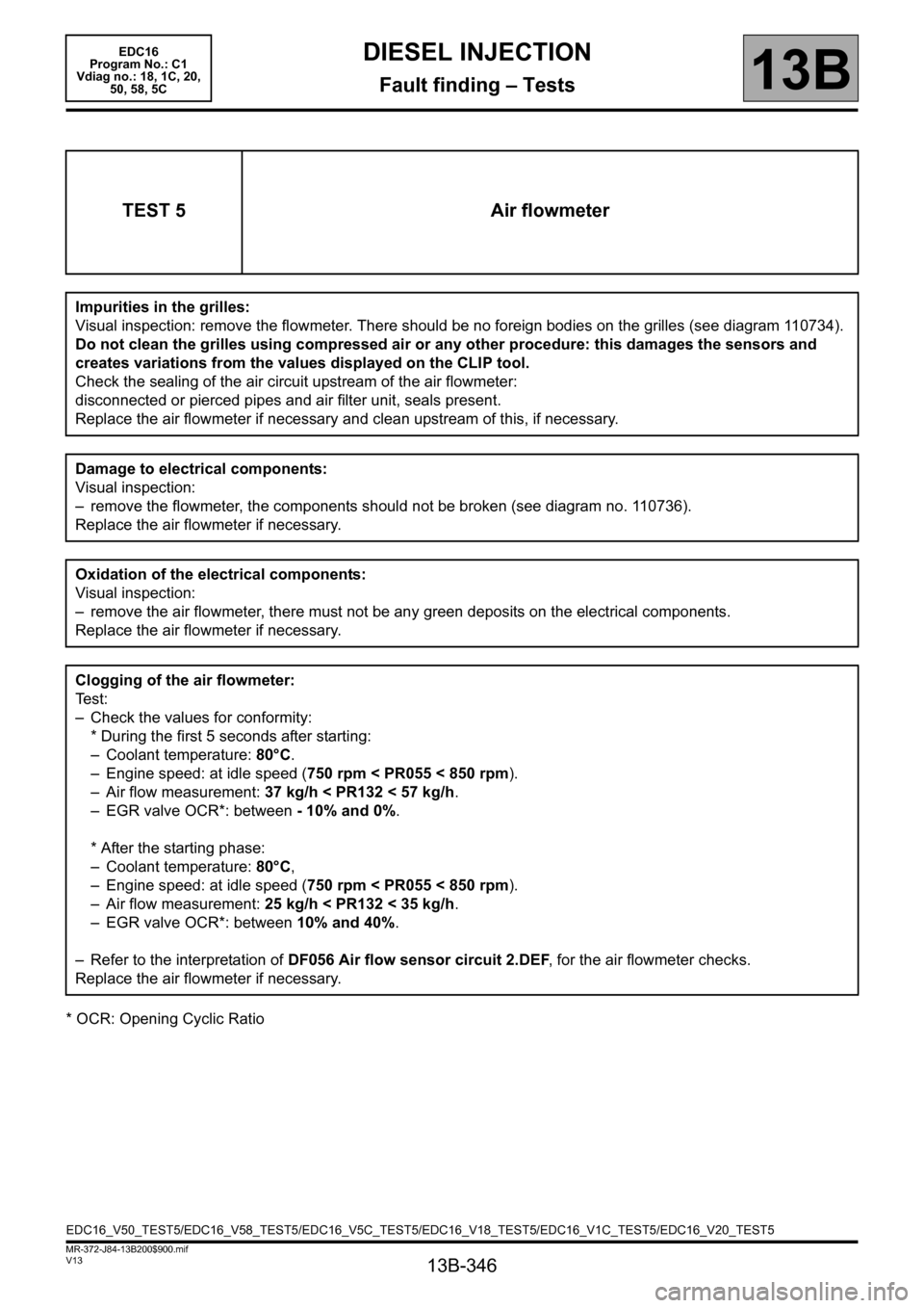 RENAULT SCENIC 2011 J95 / 3.G Engine And Peripherals EDC16 Workshop Manual 13B-346
MR-372-J84-13B200$900.mif
V13
DIESEL INJECTION
Fault finding – Tests
EDC16
Program No.: C1
Vdiag no.: 18, 1C, 20,
50, 58, 5C
13B
* OCR: Opening Cyclic Ratio
TEST 5 Air flowmeter
Impuri RENAULT SCENIC 2011 J95 / 3.G Engine And Peripherals EDC16 Workshop Manual 13B-346
MR-372-J84-13B200$900.mif
V13
DIESEL INJECTION
Fault finding – Tests
EDC16
Program No.: C1
Vdiag no.: 18, 1C, 20,
50, 58, 5C
13B
* OCR: Opening Cyclic Ratio
TEST 5 Air flowmeter
Impuri
