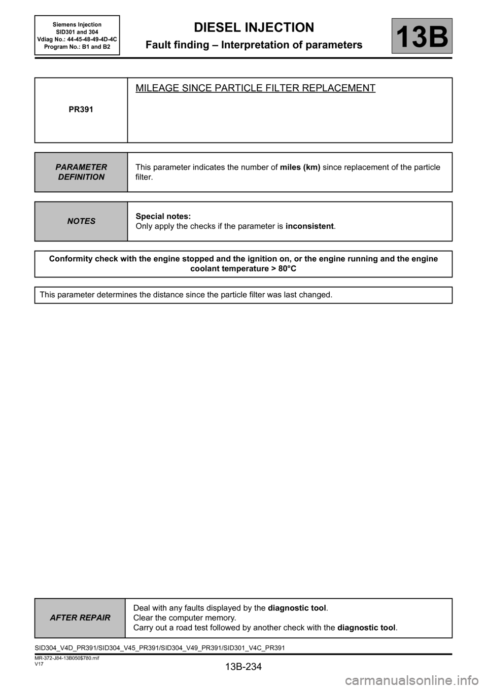 RENAULT SCENIC 2011 J95 / 3.G Engine And Peripherals Siemens Injection Workshop Manual 13B-234
MR-372-J84-13B050$780.mif
V17
DIESEL INJECTION
Fault finding – Interpretation of parameters
Siemens Injection 
SID301 and 304 
Vdiag No.: 44-45-48-49-4D-4C 
Program No.: B1 and B2
13B
PR391
