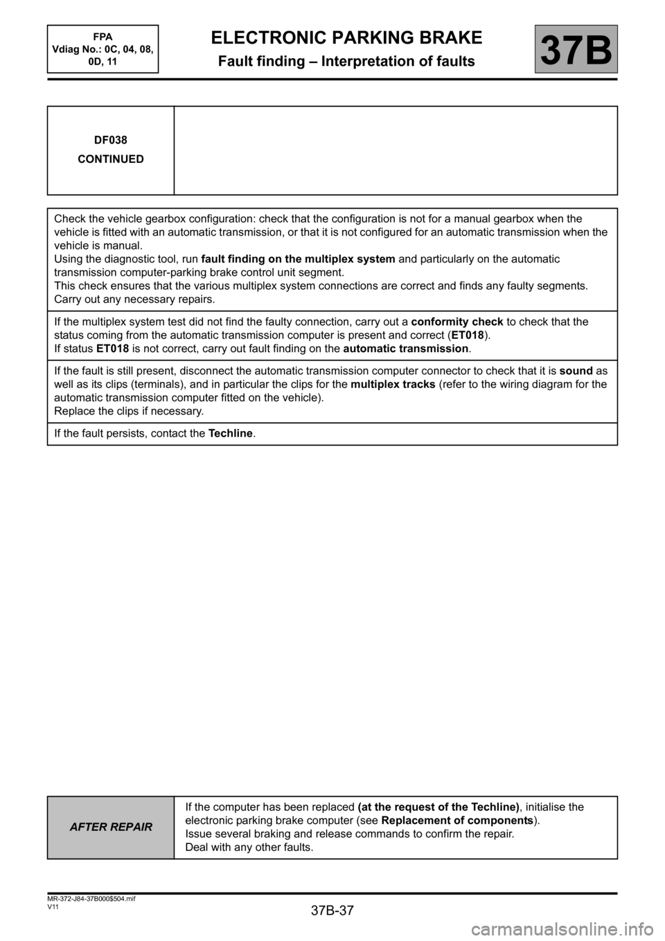 RENAULT SCENIC 2013 J95 / 3.G Electronic Parking Brake Workshop Manual 37B-37
MR-372-J84-37B000$504.mif
V11
ELECTRONIC PARKING BRAKE
Fault finding – Interpretation of faults
FPA
Vdiag No.: 0C, 04, 08,
0D, 11
37B
DF038
CONTINUED
Check the vehicle gearbox configuratio RENAULT SCENIC 2013 J95 / 3.G Electronic Parking Brake Workshop Manual 37B-37
MR-372-J84-37B000$504.mif
V11
ELECTRONIC PARKING BRAKE
Fault finding – Interpretation of faults
FPA
Vdiag No.: 0C, 04, 08,
0D, 11
37B
DF038
CONTINUED
Check the vehicle gearbox configuratio