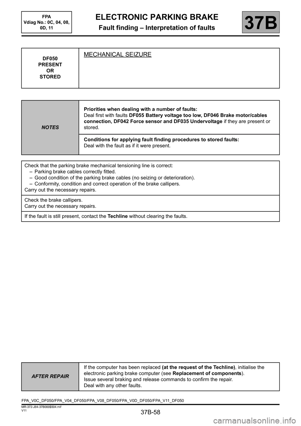 RENAULT SCENIC 2013 J95 / 3.G Electronic Parking Brake Workshop Manual 37B-58
MR-372-J84-37B000$504.mif
V11
ELECTRONIC PARKING BRAKE
Fault finding – Interpretation of faults
FPA
Vdiag No.: 0C, 04, 08,
0D, 11
37B
DF050
PRESENT
OR
STOREDMECHANICAL SEIZURE
NOTESPriorit RENAULT SCENIC 2013 J95 / 3.G Electronic Parking Brake Workshop Manual 37B-58
MR-372-J84-37B000$504.mif
V11
ELECTRONIC PARKING BRAKE
Fault finding – Interpretation of faults
FPA
Vdiag No.: 0C, 04, 08,
0D, 11
37B
DF050
PRESENT
OR
STOREDMECHANICAL SEIZURE
NOTESPriorit