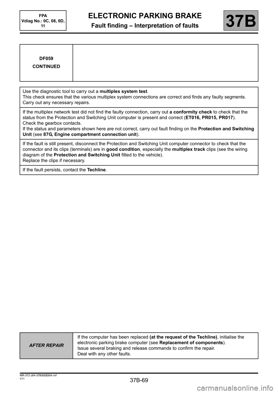 RENAULT SCENIC 2013 J95 / 3.G Electronic Parking Brake Workshop Manual 37B-69
MR-372-J84-37B000$504.mif
V11
ELECTRONIC PARKING BRAKE
Fault finding – Interpretation of faults37B
DF059
CONTINUED
Use the diagnostic tool to carry out a multiplex system test.
This check ens RENAULT SCENIC 2013 J95 / 3.G Electronic Parking Brake Workshop Manual 37B-69
MR-372-J84-37B000$504.mif
V11
ELECTRONIC PARKING BRAKE
Fault finding – Interpretation of faults37B
DF059
CONTINUED
Use the diagnostic tool to carry out a multiplex system test.
This check ens