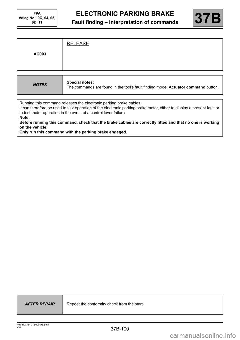 RENAULT SCENIC 2013 J95 / 3.G Electronic Parking Brake Workshop Manual 37B-100
MR-372-J84-37B000$792.mif
V11
ELECTRONIC PARKING BRAKE
Fault finding – Interpretation of commands
FPA 
Vdiag No.: 0C, 04, 08, 
0D, 11
37B
AC003
RELEASE
NOTESSpecial notes:
The commands are f
