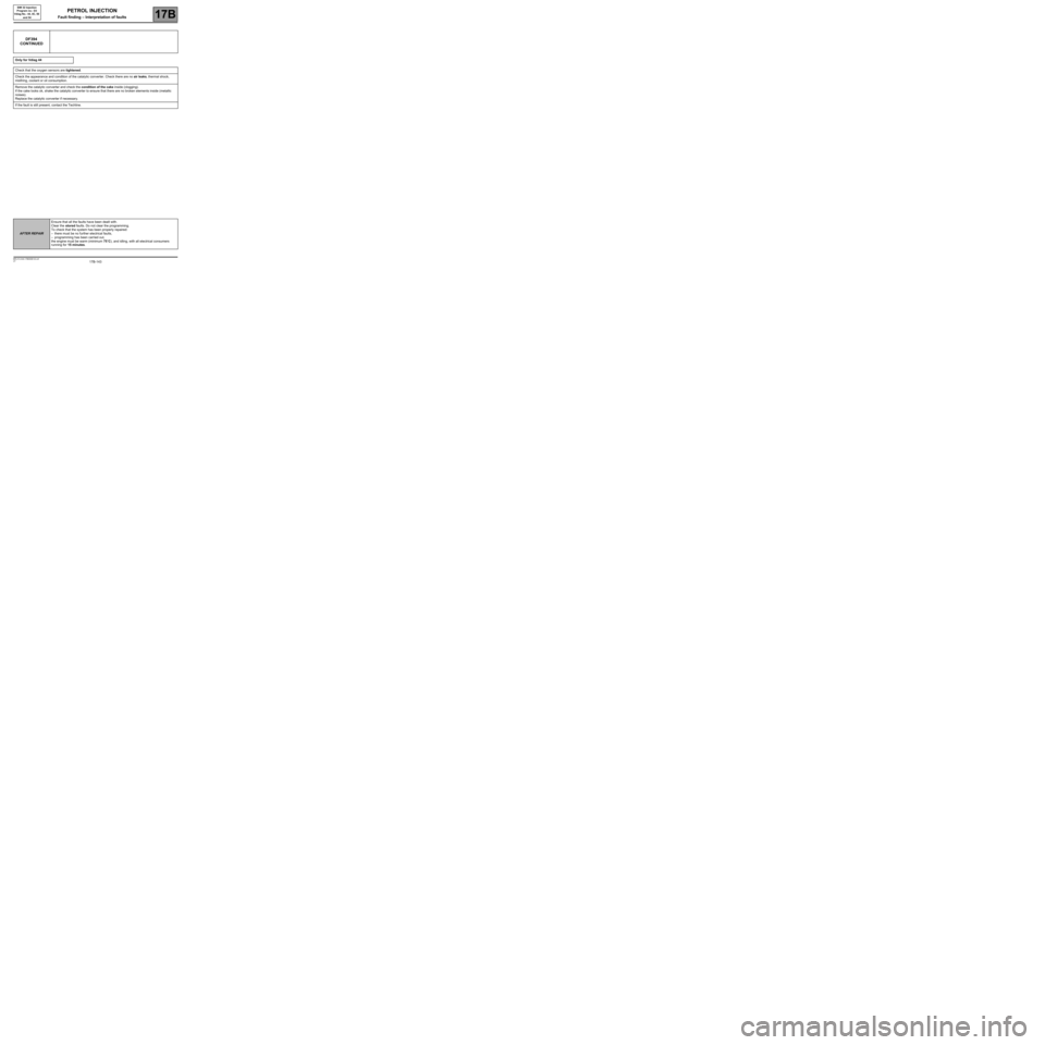 RENAULT TWINGO 2009 2.G Electrical Equipment - Petrol Injection Workshop Manual 17B-143V7 MR-413-X44-17B000$133.mif
PETROL INJECTION
Fault finding – Interpretation of faults17B
SIM 32 Injection
Program no.: D3
Vdiag No.: 44, 4C, 50
and 54
DF394
CONTINUED
Only for Vdiag 44
Che RENAULT TWINGO 2009 2.G Electrical Equipment - Petrol Injection Workshop Manual 17B-143V7 MR-413-X44-17B000$133.mif
PETROL INJECTION
Fault finding – Interpretation of faults17B
SIM 32 Injection
Program no.: D3
Vdiag No.: 44, 4C, 50
and 54
DF394
CONTINUED
Only for Vdiag 44
Che