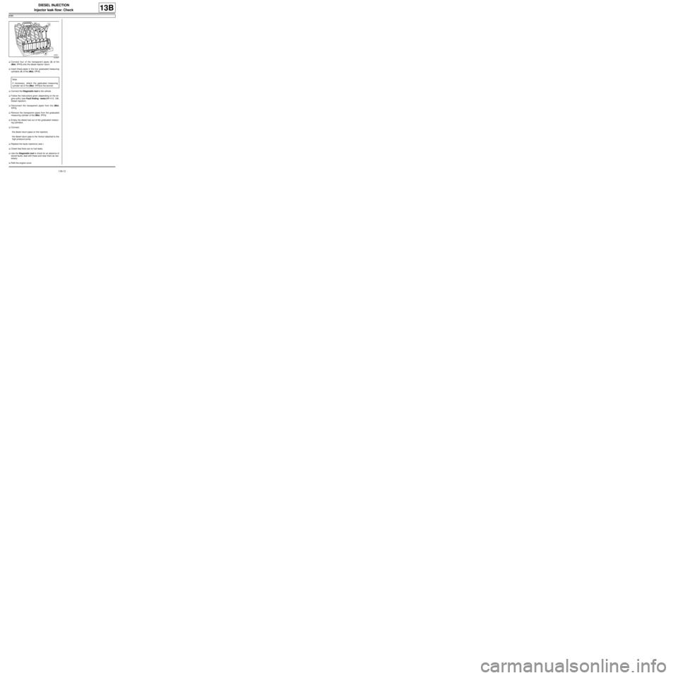 RENAULT TWINGO 2009 2.G Engine And Peripherals Workshop Manual 13B-52
DIESEL INJECTION
Injector leak flow: Check
K9K
13B
aConnect four of the transparent pipes (3) of the
(Mot. 1711) onto the diesel injector return.
aInsert these pipes in the four graduated measu RENAULT TWINGO 2009 2.G Engine And Peripherals Workshop Manual 13B-52
DIESEL INJECTION
Injector leak flow: Check
K9K
13B
aConnect four of the transparent pipes (3) of the
(Mot. 1711) onto the diesel injector return.
aInsert these pipes in the four graduated measu