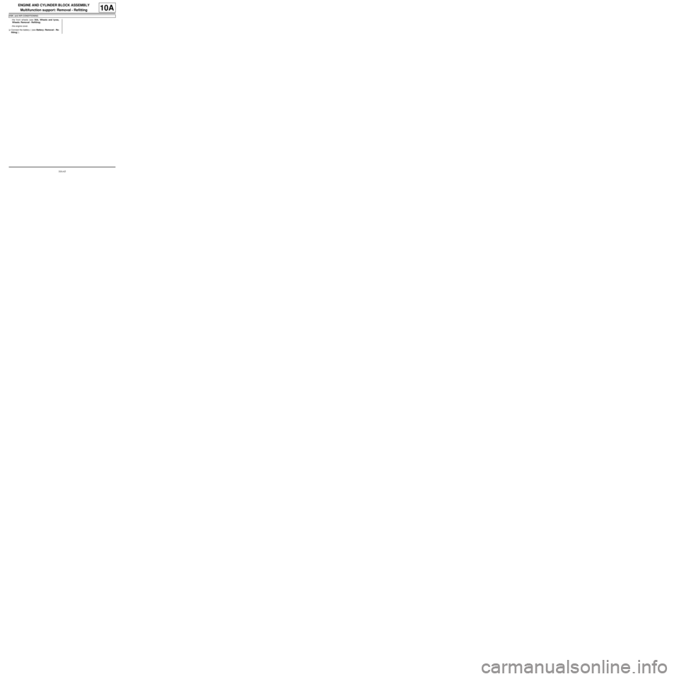 RENAULT TWINGO 2009 2.G Engine And Peripherals Workshop Manual 10A-65
ENGINE AND CYLINDER BLOCK ASSEMBLY
Multifunction support: Removal - Refitting
K9K, and AIR CONDITIONING
10A
-the front wheels (see 35A, Wheels and tyres,
Wheels: Removal - Refitting),
-the engi