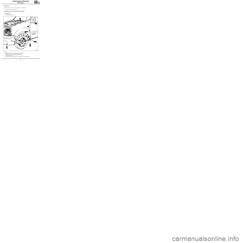 RENAULT KANGOO 1997 KC / 1.G Sheet Metal Work Workshop Manual UPPER FRONT STRUCTURE
Front wing
INTRODUCTION
The replacement of this part is a basic operation for a frontal impact.
It is a removable bodywork component.
COMPOSITION OF THE PART FROM THE PARTS DEPAR
