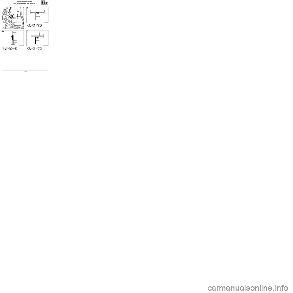 RENAULT KANGOO 1997 KC / 1.G Sheet Metal Work Workshop Manual LOWER STRUCTURE
Front side member, rear section 
41F
12893R3
CAT13321R4
D1
2
CAA11538R5
E
3 2
F
8
CAF11547-2R2
12
3
41-23 