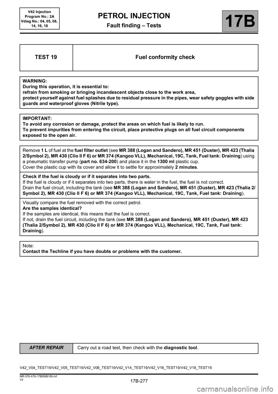 RENAULT KANGOO 2013 X61 / 2.G Petrol V42 Injection Workshop Manual 17B-277
AFTER REPAIRCarry out a road test, then check with the diagnostic tool.
V2 MR-376-X76-17B050$180.mif
PETROL INJECTION
Fault finding – Tests17B
V42 Injection
Program No.: 2A
Vdiag No.: 04, 05 RENAULT KANGOO 2013 X61 / 2.G Petrol V42 Injection Workshop Manual 17B-277
AFTER REPAIRCarry out a road test, then check with the diagnostic tool.
V2 MR-376-X76-17B050$180.mif
PETROL INJECTION
Fault finding – Tests17B
V42 Injection
Program No.: 2A
Vdiag No.: 04, 05