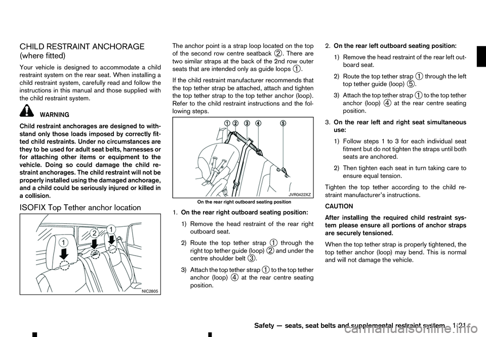 RENAULT ALASKAN 2017 Owners Manual CHILD RESTRAINT ANCHORAGE
(where fitted)
Your vehicle is designed to accommodate achild
restraint system on the rear seat. When installing a
child restraint system, carefully read and follow the instr RENAULT ALASKAN 2017 Owners Manual CHILD RESTRAINT ANCHORAGE
(where fitted)
Your vehicle is designed to accommodate achild
restraint system on the rear seat. When installing a
child restraint system, carefully read and follow the instr