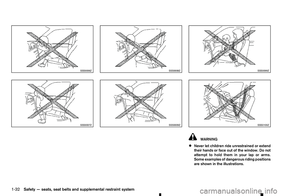 RENAULT ALASKAN 2017  Owners Manual WARNING
• Never let children ride unrestrained or extend
their hands or face out of the window. Do not
attempt to hold them in your lap or arms.
Some examples of dangerous riding positions
are shown