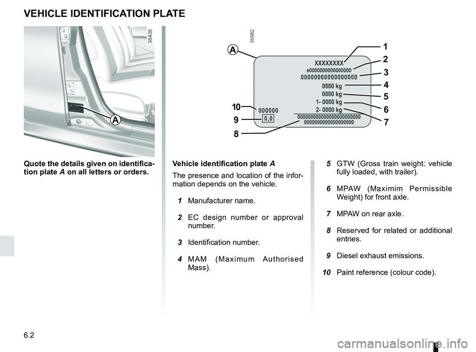 RENAULT DUSTER 2016  Owners Manual 6.2
Quote the details given on identifica-
tion plate A on all letters or orders.
VEHICLE IDENTIFICATION PLATE
Vehicle identification plate  A
The presence and location of the infor-
mation depends on