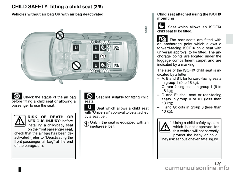 RENAULT DUSTER 2016 Owners Manual 1.29
CHILD SAFETY: fitting a child seat (3/6)
Using a child safety system
which is not approved for
this vehicle will not correctly
protect the baby or child.
They risk serious or even fatal injur RENAULT DUSTER 2016 Owners Manual 1.29
CHILD SAFETY: fitting a child seat (3/6)
Using a child safety system
which is not approved for
this vehicle will not correctly
protect the baby or child.
They risk serious or even fatal injur