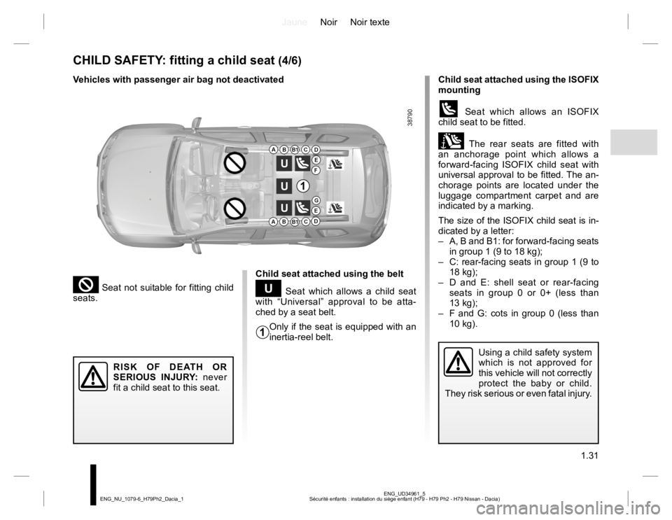 RENAULT DUSTER 2015 Owners Manual JauneNoir Noir texte
1.31
ENG_UD34961_5
Sécurité enfants : installation du siège enfant (H79 - H79 Ph2 - H79 Nissan - Dacia) ENG_NU_1079-6_H79Ph2_Dacia_1
CHILD SAFETY: fitting a child seat (4/6)
Ch RENAULT DUSTER 2015 Owners Manual JauneNoir Noir texte
1.31
ENG_UD34961_5
Sécurité enfants : installation du siège enfant (H79 - H79 Ph2 - H79 Nissan - Dacia) ENG_NU_1079-6_H79Ph2_Dacia_1
CHILD SAFETY: fitting a child seat (4/6)
Ch