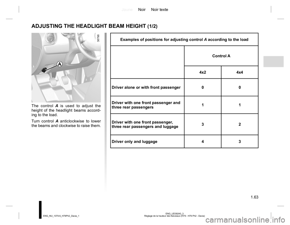 RENAULT DUSTER 2015  Owners Manual JauneNoir Noir texte
1.63
ENG_UD39240_3
Réglage de la hauteur des faisceaux (H79 - H79 Ph2 - Dacia) ENG_NU_1079-6_H79Ph2_Dacia_1
Examples of positions for adjusting control A according to the load
Co