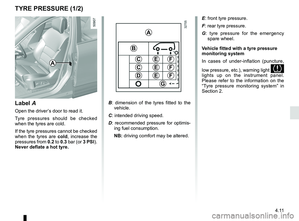 RENAULT KOLEOS 2018  Owners Manual 4.11
TYRE PRESSURE (1/2)
B: dimension of the tyres fitted to the 
vehicle.
C: intended driving speed.
D: recommended pressure for optimis- ing fuel consumption.
 NB: driving comfort may be altered.
A
