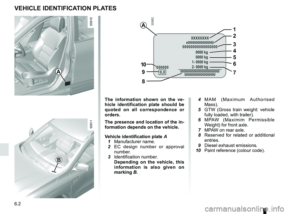RENAULT KOLEOS 2018  Owners Manual 6.2
VEHICLE IDENTIFICATION PLATES
A
B
The information shown on the ve-
hicle identification plate should be 
quoted on all correspondence or 
orders.
The presence and location of the in-
formation dep