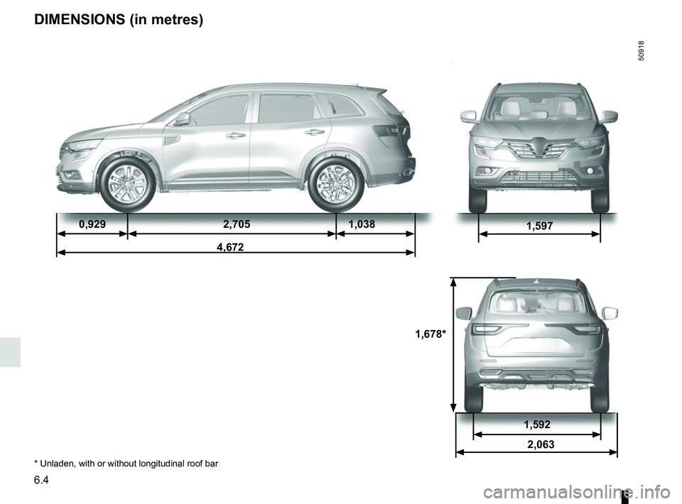 RENAULT KOLEOS 2018  Owners Manual 6.4
1,678*
1,5970,9292,7051,038
4,672
DIMENSIONS (in metres)
1,592 2,063
* Unladen, with or without longitudinal roof bar  