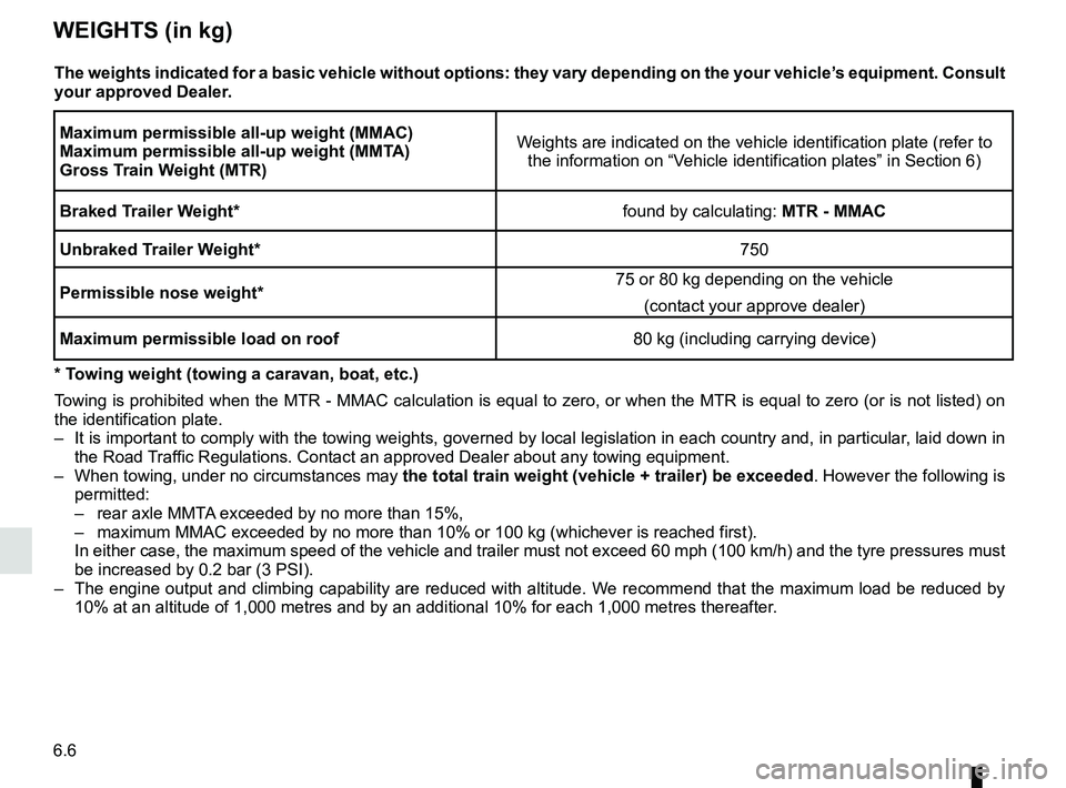 RENAULT KOLEOS 2018 Owners Manual 6.6
WEIGHTS (in kg)
The weights indicated for a basic vehicle without options: they vary dep\
ending on the your vehicle’s equipment. Consult
your approved Dealer.Maximum permissible all-up weight RENAULT KOLEOS 2018 Owners Manual 6.6
WEIGHTS (in kg)
The weights indicated for a basic vehicle without options: they vary dep\
ending on the your vehicle’s equipment. Consult
your approved Dealer.Maximum permissible all-up weight