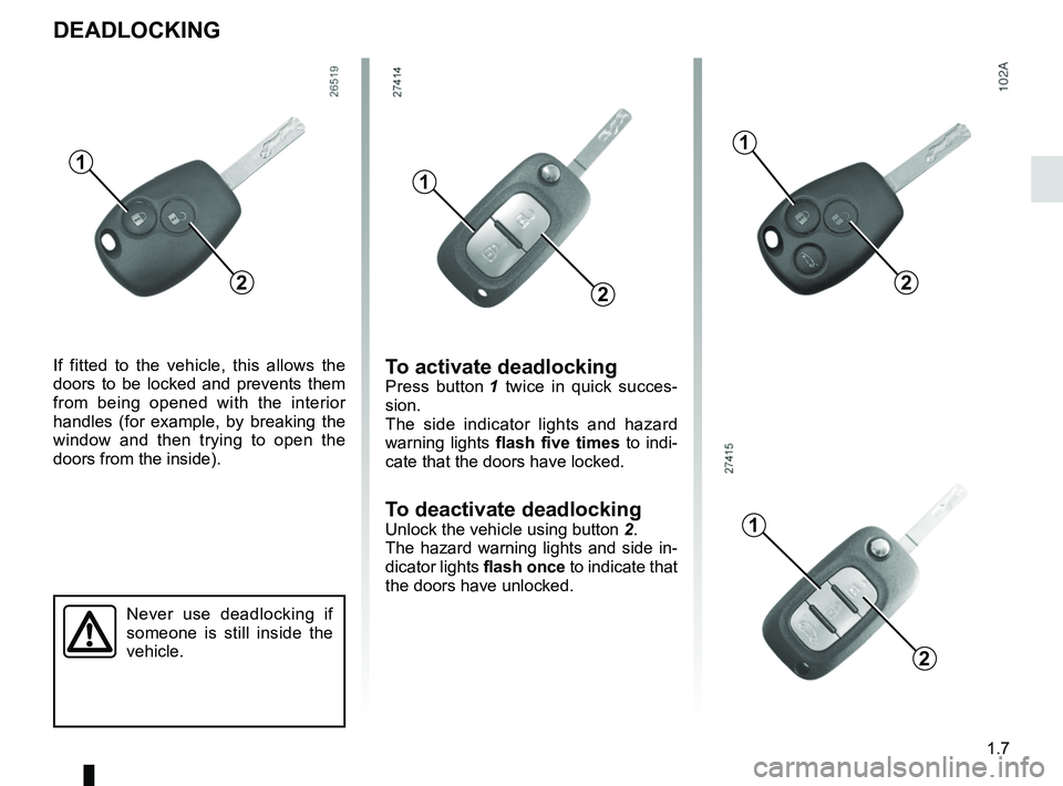 RENAULT MASTER 2018  Owners Manual 1.7
DEADLOCKING
Never use deadlocking if 
someone is still inside the 
vehicle.
1
If fitted to the vehicle, this allows the 
doors to be locked and prevents them 
from being opened with the interior 

