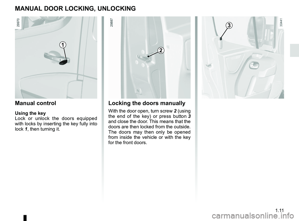 RENAULT MASTER 2018  Owners Manual 1.11
MANUAL DOOR LOCKING, UNLOCKING
Manual control
Using the key
Lock or unlock the doors equipped 
with locks by inserting the key fully into 
lock 1, then turning it.
Locking the doors manually
With