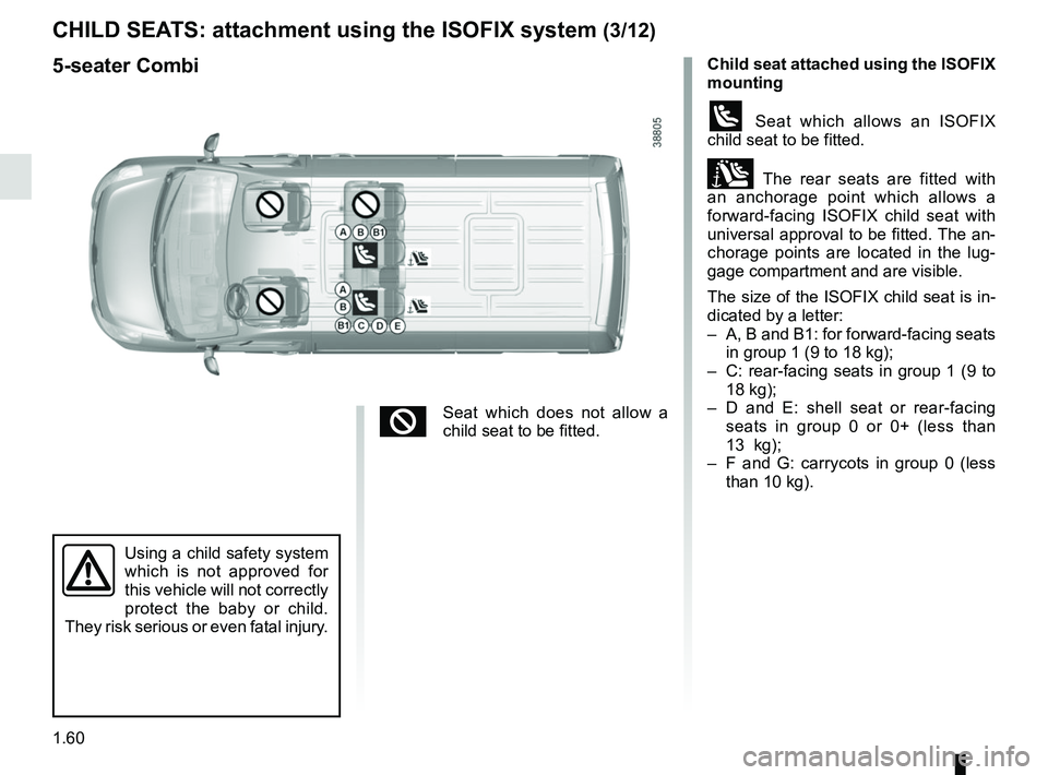 RENAULT MASTER 2018  Owners Manual 1.60
Child seat attached using the ISOFIX  
mounting
ü Seat which allows an ISOFIX 
child seat to be fitted.
± The rear seats are fitted with 
an anchorage point which allows a 
forward-facing ISOFI