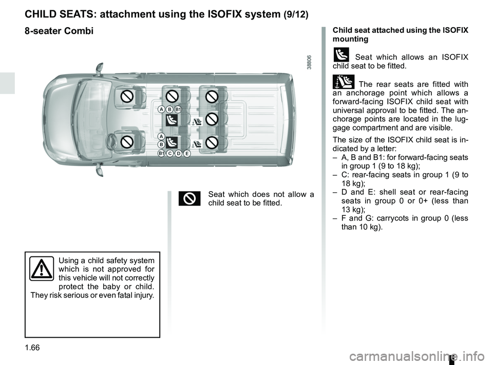 RENAULT MASTER 2018  Owners Manual 1.66
Child seat attached using the ISOFIX  
mounting
ü Seat which allows an ISOFIX 
child seat to be fitted.
± The rear seats are fitted with 
an anchorage point which allows a 
forward-facing ISOFI
