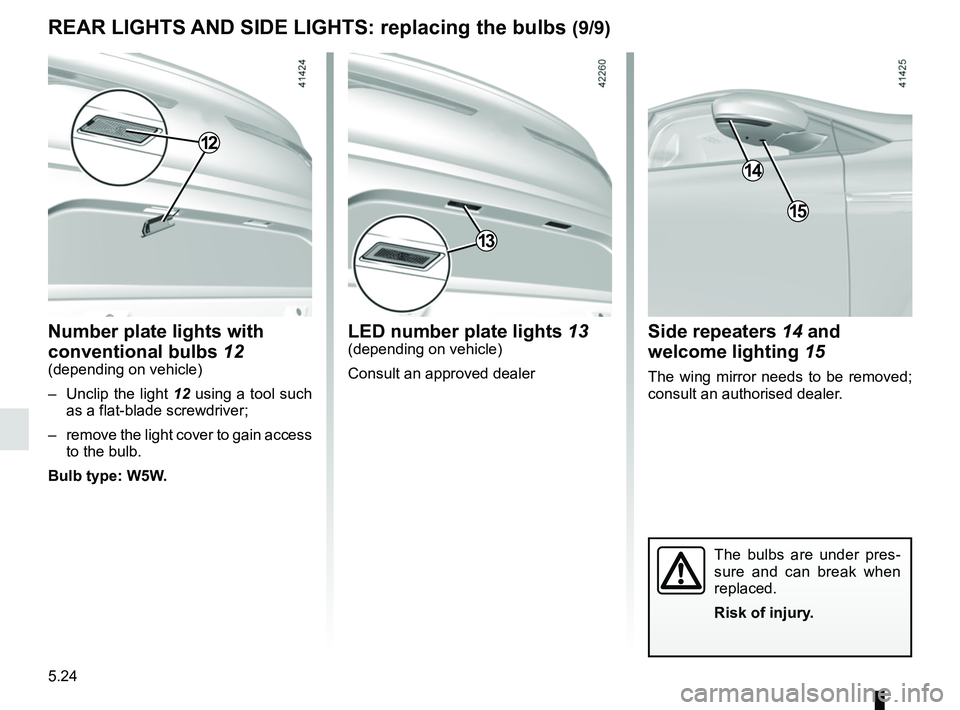RENAULT MEGANE 2018  Owners Manual 5.24
REAR LIGHTS AND SIDE LIGHTS: replacing the bulbs (9/9)
The bulbs are under pres-
sure and can break when 
replaced.
Risk of injury.
Side repeaters 14 and welcome lighting  15
The wing mirror need
