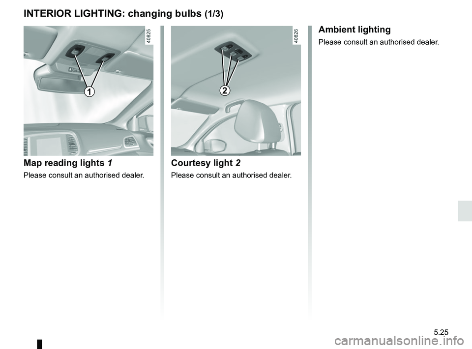 RENAULT MEGANE 2018  Owners Manual 5.25
INTERIOR LIGHTING: changing bulbs (1/3)
Map reading lights  1
Please consult an authorised dealer.
1
Courtesy light 2
Please consult an authorised dealer.
Ambient lighting
Please consult an autho