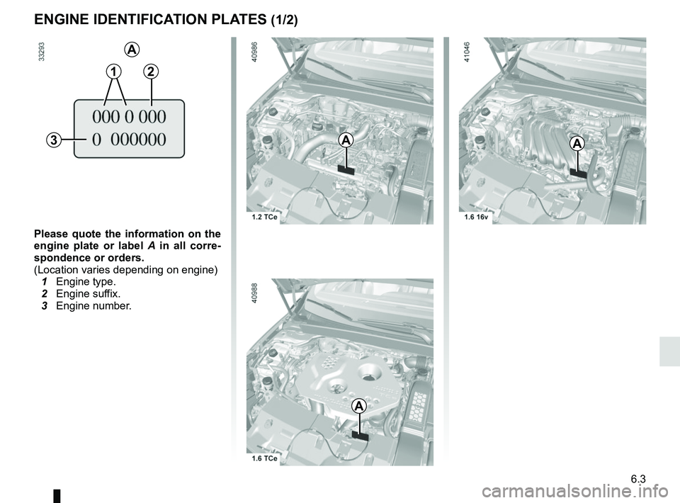 RENAULT MEGANE 2018  Owners Manual 6.3
ENGINE IDENTIFICATION PLATES (1/2)
Please quote the information on the 
engine plate or label A  in all corre-
spondence or orders.
(Location varies depending on engine)
  1 Engine type.
  2 Engin