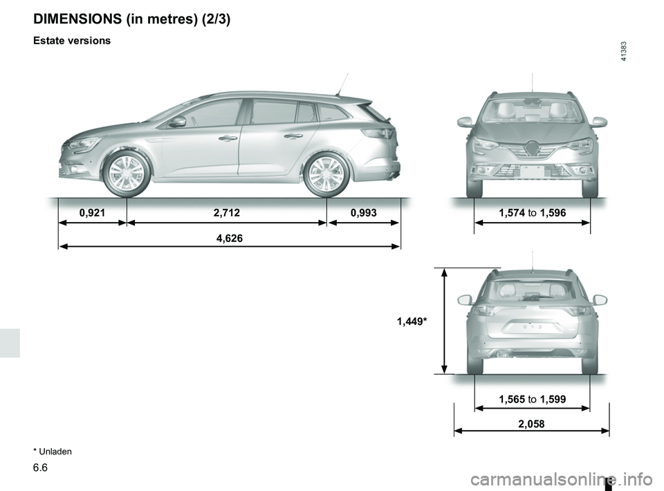 RENAULT MEGANE 2018  Owners Manual 6.6
0,9212,712 0,993 1,574 to 1,596
4,626
1,449*
1,565 to 1,599
2,058
DIMENSIONS (in metres) (2/3)
* Unladen
Estate versions  
