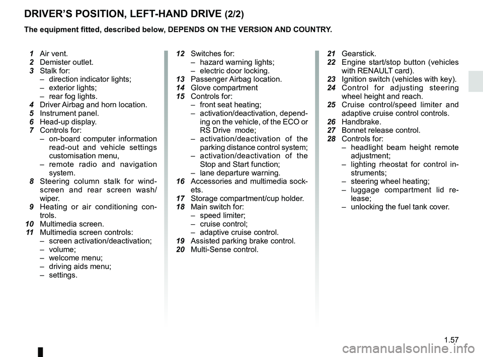 RENAULT MEGANE 2018  Owners Manual 1.57
DRIVER’S POSITION, LEFT-HAND DRIVE (2/2)
The equipment fitted, described below, DEPENDS ON THE VERSION AND COUNTRY.
 1 Air vent.
  2 Demister outlet.
  3 Stalk for:
–  direction indicator lig