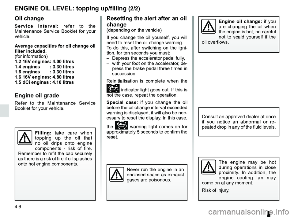 RENAULT SANDERO 2012  Owners Manual filteroil filter  ............................................................. (current page)
oil change  .............................................................. (current page)
4.6
ENG_UD19757
