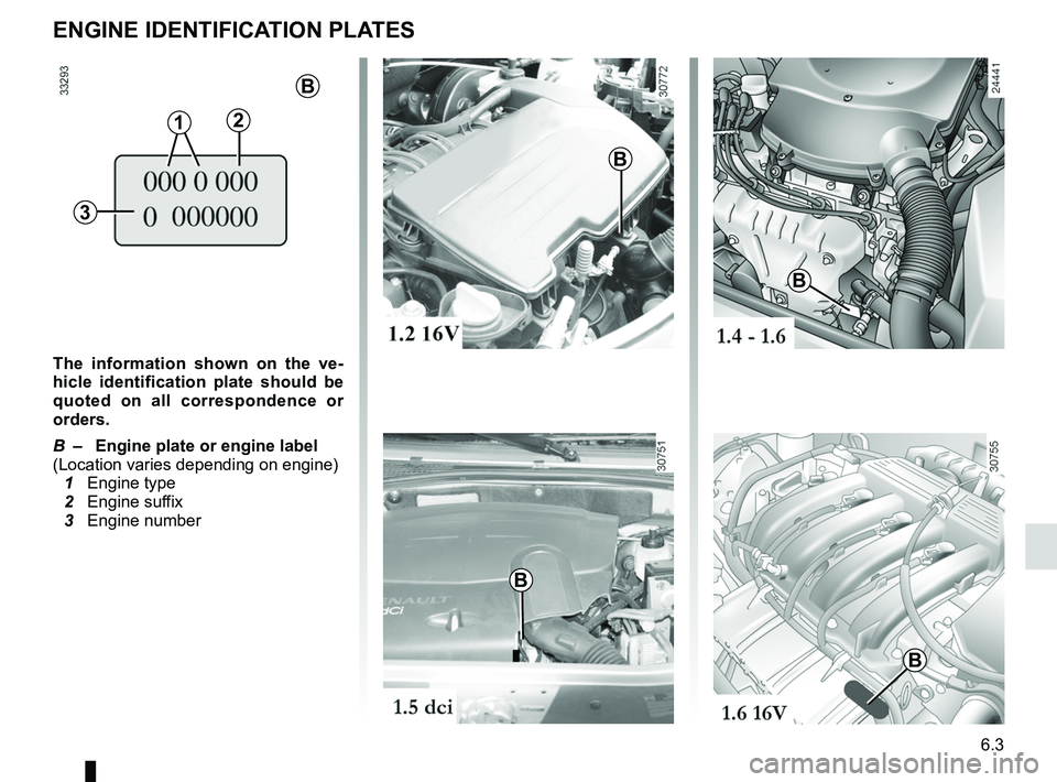 RENAULT SANDERO 2012  Owners Manual JauneNoirNoir texte
6.3
ENG_UD22608_6
Plaques identification (B90 - Dacia)
ENG_NU_817-9_B90_Dacia_6
ENGINE IDENTIFICATION PLATES
The  information  shown  on  the  ve -
hicle  identification  plate  sh