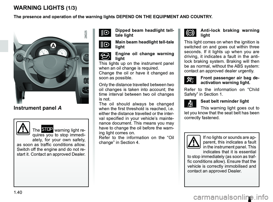 RENAULT SANDERO 2012  Owners Manual control instruments ............................... (up to the end of the DU)
instrument panel  ................................... (up to the end of the DU)
warning lights ...........................