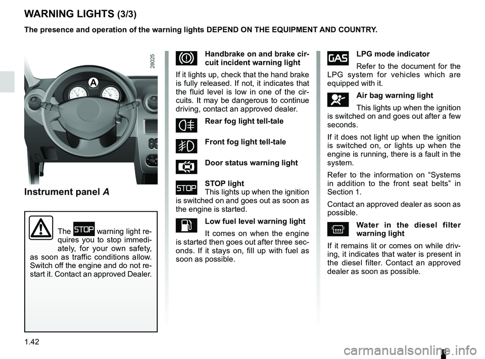 RENAULT SANDERO 2012  Owners Manual rear screendemisting  ......................................................... (current page)
1.42
ENG_UD19003_9
Tableau de bord : témoins lumineux (B90 - L90 Ph2 - F90 Ph2 - R90 Ph2\
 - Dacia)
ENG_