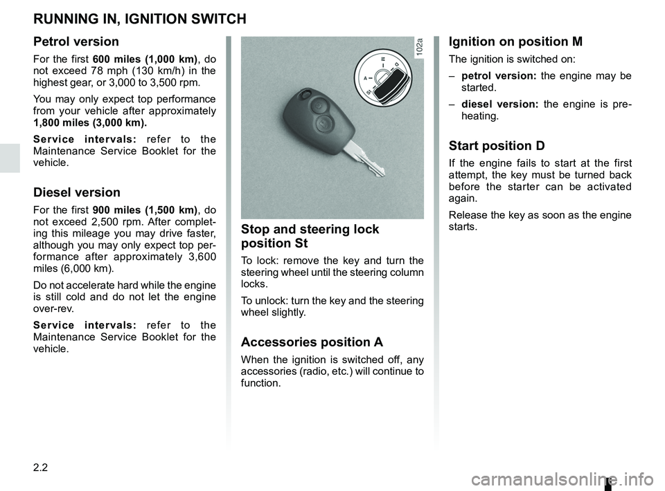 RENAULT SANDERO 2012  Owners Manual running in ............................................................... (current page)
ignition switch  ........................................................ (current page)
engine immobiliser (s