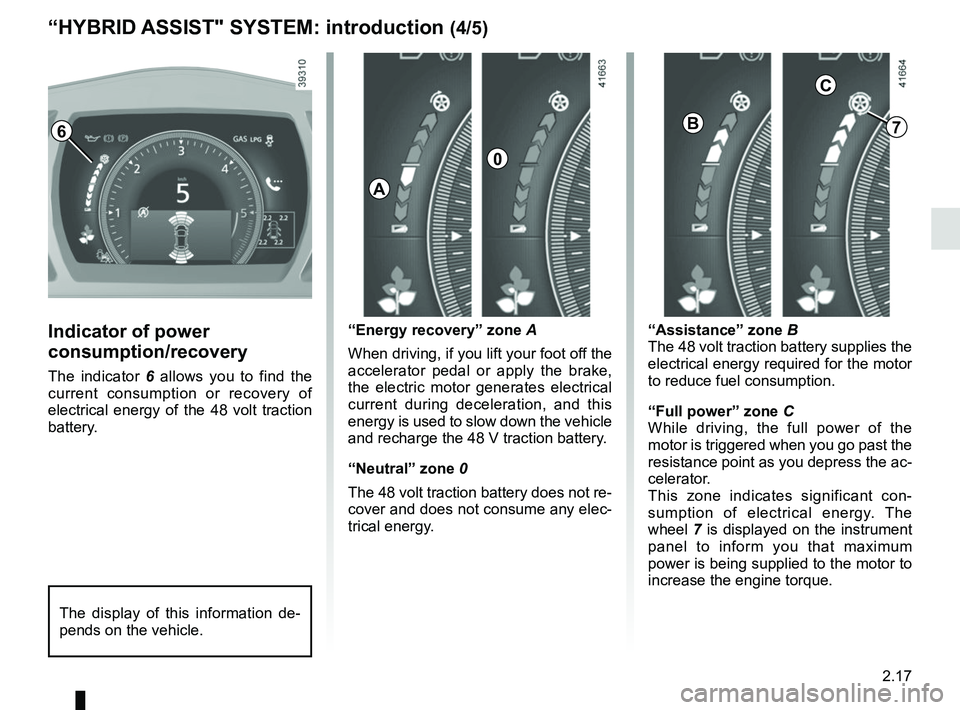 RENAULT SCENIC 2018  Owners Manual 2.17
“HYBRID ASSIST" SYSTEM: introduction (4/5)
Indicator of power 
consumption/recovery
The indicator 6 allows you to find the 
current consumption or recovery of 
electrical energy of the 48 volt 