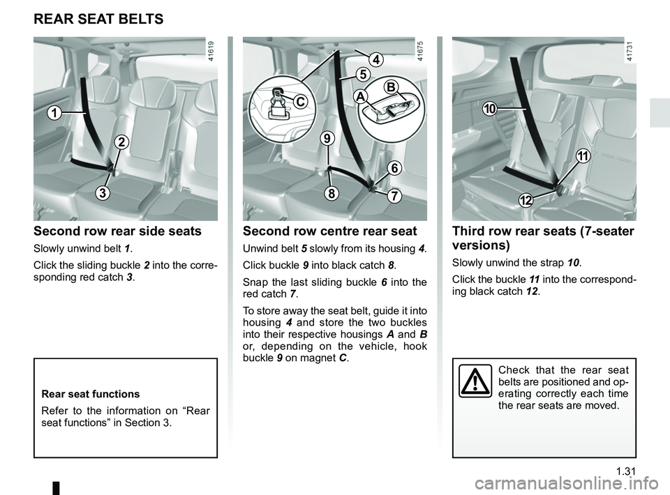 RENAULT SCENIC 2018  Owners Manual 1.31
Second row centre rear seat
Unwind belt 5 slowly from its housing  4.
Click buckle  9 into black catch 8.
Snap the last sliding buckle  6 into the 
red catch 7.
To store away the seat belt, guide