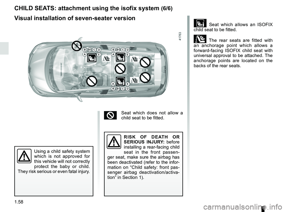 RENAULT SCENIC 2018  Owners Manual 1.58
Visual installation of seven-seater version
 Seat which allows an ISOFIX 
child seat to be fitted.
± The rear seats are fitted with 
an anchorage point which allows a 
forward-facing ISOFIX c
