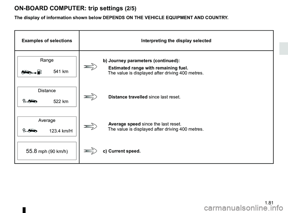 RENAULT SCENIC 2018  Owners Manual 1.81
ON-BOARD COMPUTER: trip settings (2/5)
The display of information shown below DEPENDS ON THE VEHICLE EQUIPMENT \
AND COUNTRY.
Examples of selectionsInterpreting the display selected
Range 
b) Jou
