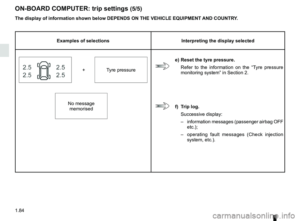 RENAULT SCENIC 2018  Owners Manual 1.84
ON-BOARD COMPUTER: trip settings (5/5)
The display of information shown below DEPENDS ON THE VEHICLE EQUIPMENT \
AND COUNTRY.
Examples of selectionsInterpreting the display selected
e) Reset the 