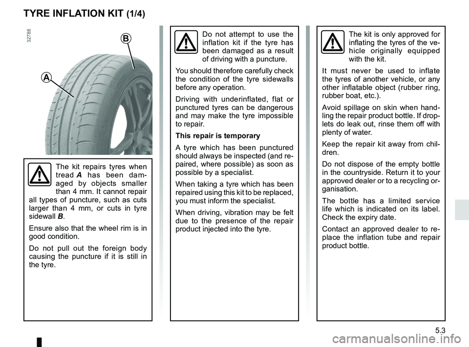 RENAULT TWINGO 2018 Owners Manual 5.3
TYRE INFLATION KIT (1/4)
The kit is only approved for
inflating the tyres of the ve-
hicle originally equipped
with the kit.
It must never be used to inflate
the tyres of another vehicle, or an RENAULT TWINGO 2018 Owners Manual 5.3
TYRE INFLATION KIT (1/4)
The kit is only approved for
inflating the tyres of the ve-
hicle originally equipped
with the kit.
It must never be used to inflate
the tyres of another vehicle, or an