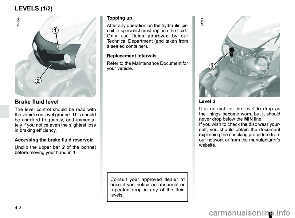 RENAULT TWIZY 2018  Owners Manual 4.2
Brake fluid level
The level control should be read with 
the vehicle on level ground. This should 
be checked frequently, and immedia-
tely if you notice even the slightest loss 
in braking effici
